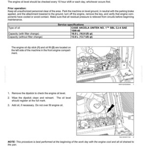 May include: A page from a maintenance manual detailing engine oil specifications and procedures. Includes a table with oil type and capacity, along with diagrams illustrating the dipstick and oil fill locations. Instructions are provided for checking and adding oil.