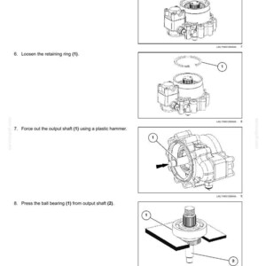 May include: Diagram of powershift transmission internal components. Step-by-step instructions include removing seals, loosening retaining rings, and pressing ball bearings. Measurements are in inches.