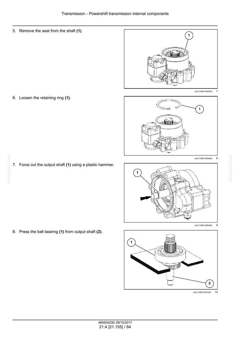 May include: Diagram of powershift transmission internal components. Step-by-step instructions include removing seals, loosening retaining rings, and pressing ball bearings. Measurements are in inches.