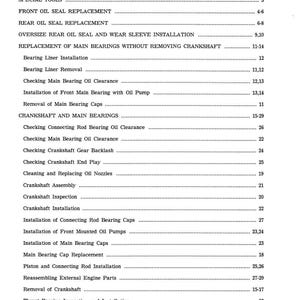 May include: A black and white printed page titled "TABLE OF CONTENTS". The text lists various engine repair topics, including oil seal replacement, bearing installation, and crankshaft procedures. Page numbers are listed to the right of each topic.