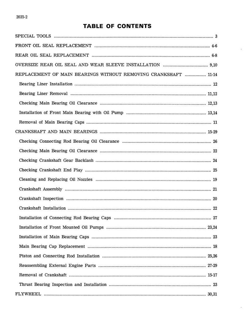 May include: A black and white printed page titled "TABLE OF CONTENTS". The text lists various engine repair topics, including oil seal replacement, bearing installation, and crankshaft procedures. Page numbers are listed to the right of each topic.