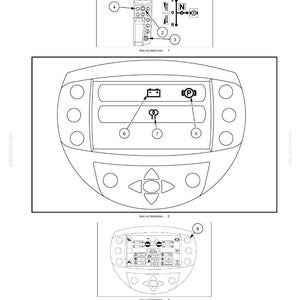 May include: Diagram of operating instructions for a machine, featuring a remote control, dashboard, and control panel illustrations. Includes labels for various functions and symbols, such as battery, parking, and key.