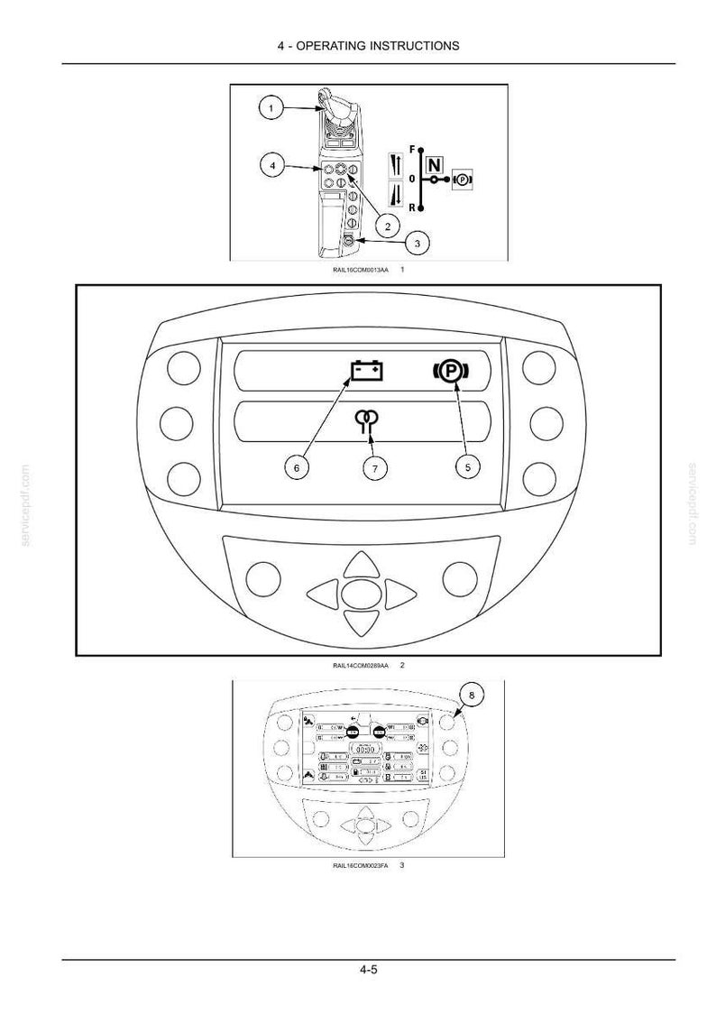 May include: Diagram of operating instructions for a machine, featuring a remote control, dashboard, and control panel illustrations. Includes labels for various functions and symbols, such as battery, parking, and key.