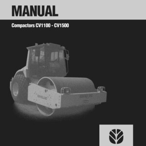 May include: A service manual cover with the text "SERVICE MANUAL" and "Compactors CV1100 - CV1500". The image features a grayscale compactor machine with the New Holland Construction logo.