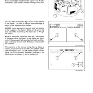 May include: Diagram of a machine's rear view camera system. The image shows the placement of cameras, display views, and failure indicators. Includes text labels and arrows pointing to specific components.
