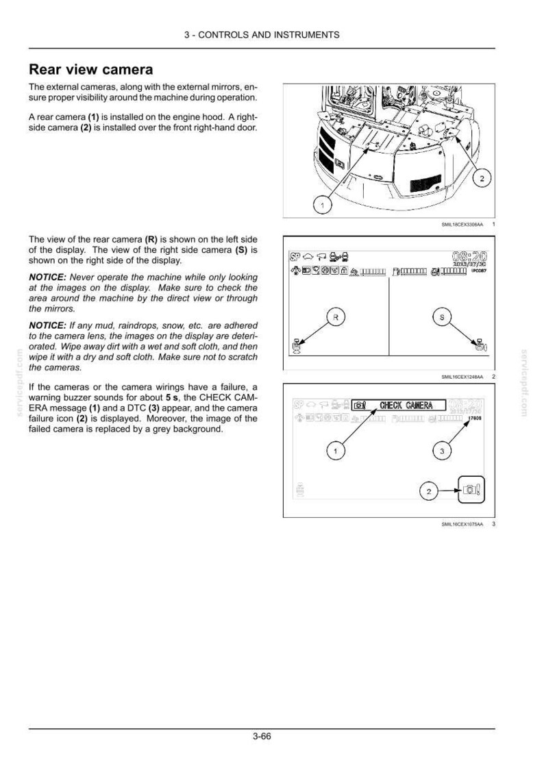 May include: Diagram of a machine's rear view camera system. The image shows the placement of cameras, display views, and failure indicators. Includes text labels and arrows pointing to specific components.