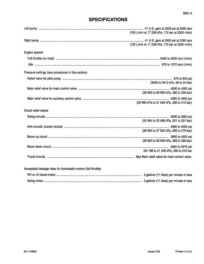 May include: A white page with black text detailing specifications for a machine. The document includes information on engine speeds, pressure settings, and circuit relief valves. Measurements are provided in both U.S. customary units and metric units.