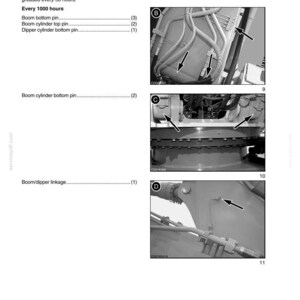 May include: A grayscale diagram from a service manual, detailing lubrication points on heavy machinery. The image includes close-up views of various components with arrows indicating specific areas for maintenance. Text includes "SECTION 7 - LUBRICATION/FILTERS/FLUIDS".