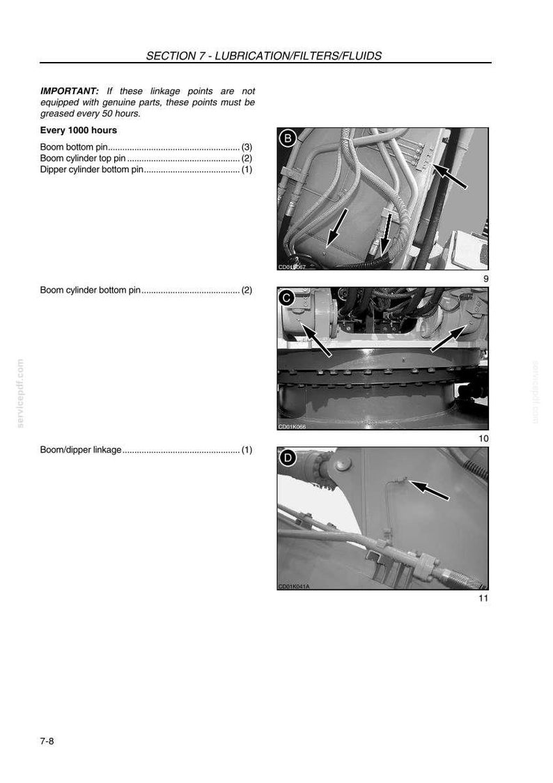 May include: A grayscale diagram from a service manual, detailing lubrication points on heavy machinery. The image includes close-up views of various components with arrows indicating specific areas for maintenance. Text includes "SECTION 7 - LUBRICATION/FILTERS/FLUIDS".