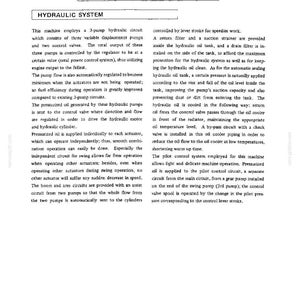 May include: A technical document page titled Section VI General Information Hydraulic System. The text describes a 3-pump hydraulic circuit, variable displacement pumps, control valves, oil cooling, and pilot control systems for machinery.