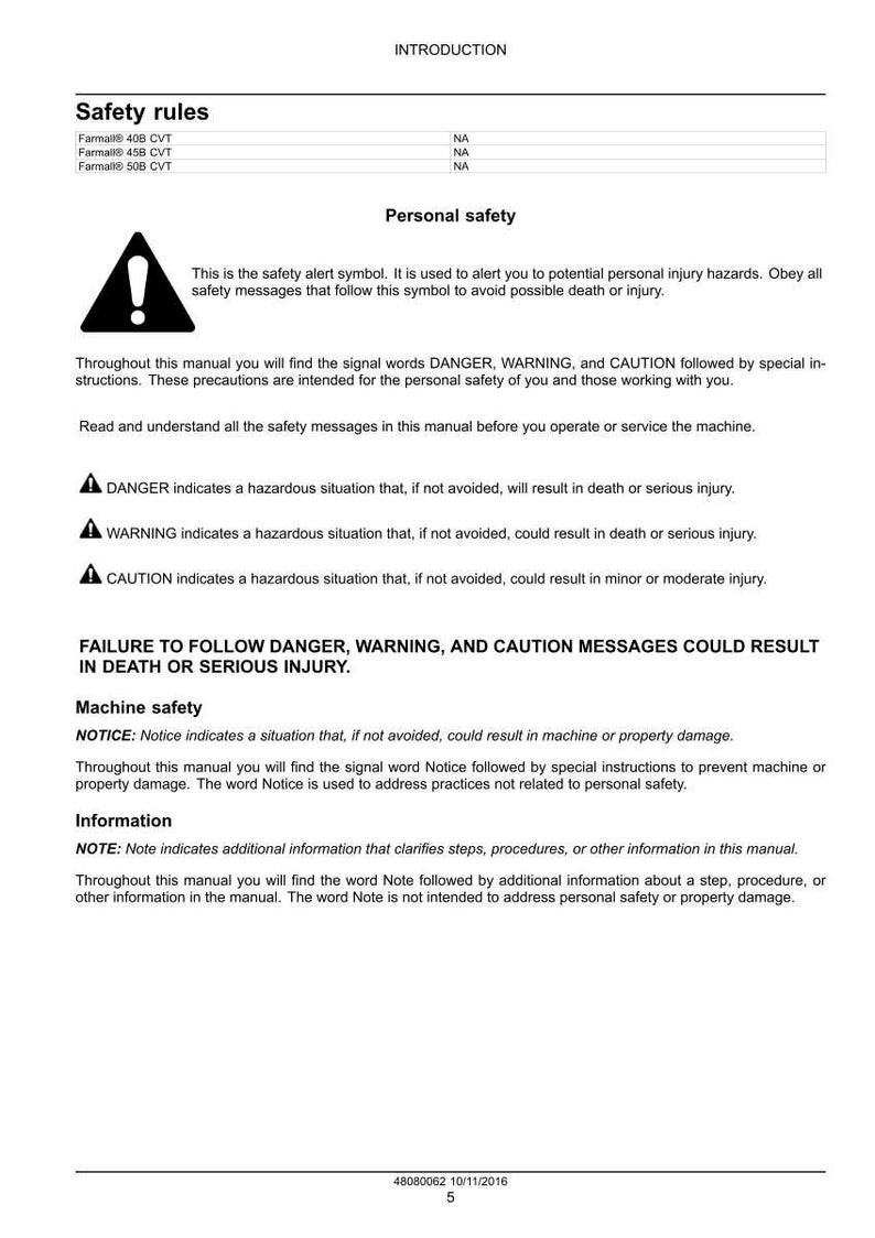 May include: A page from a manual with safety instructions. The text includes safety rules, personal safety warnings, and machine safety notices. The page features an exclamation point symbol and the words DANGER, WARNING, and CAUTION.