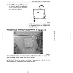 May include: Diagram from a manual showing the windshield washer reservoir and instructions for maintenance. The image includes text about checking the element for damage and adding washer fluid. The text also includes a warning about using antifreeze.