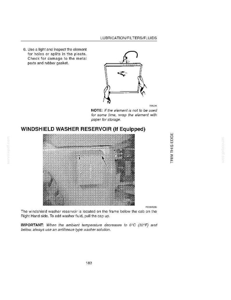 May include: Diagram from a manual showing the windshield washer reservoir and instructions for maintenance. The image includes text about checking the element for damage and adding washer fluid. The text also includes a warning about using antifreeze.