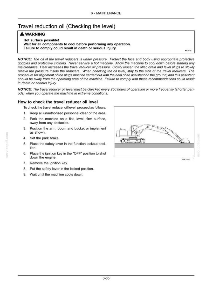 May include: Page from a maintenance manual detailing how to check the travel reduction oil level. Includes a warning about hot surfaces and potential injury. Instructions and an illustration of an excavator are provided.