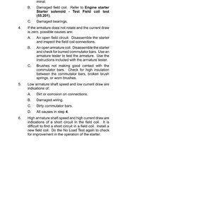 May include: A manual page detailing the engine starting system within electrical systems. It lists potential causes for issues like high current draw and open circuits, with instructions for inspection and testing.