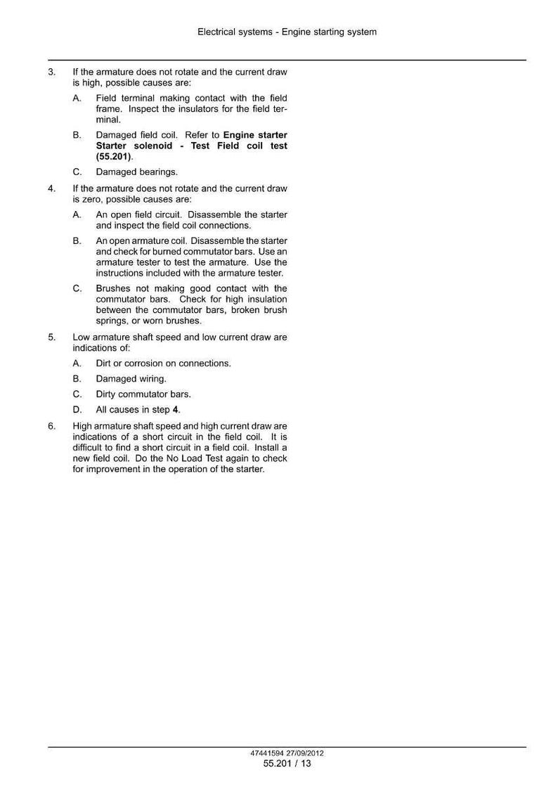 May include: A manual page detailing the engine starting system within electrical systems. It lists potential causes for issues like high current draw and open circuits, with instructions for inspection and testing.