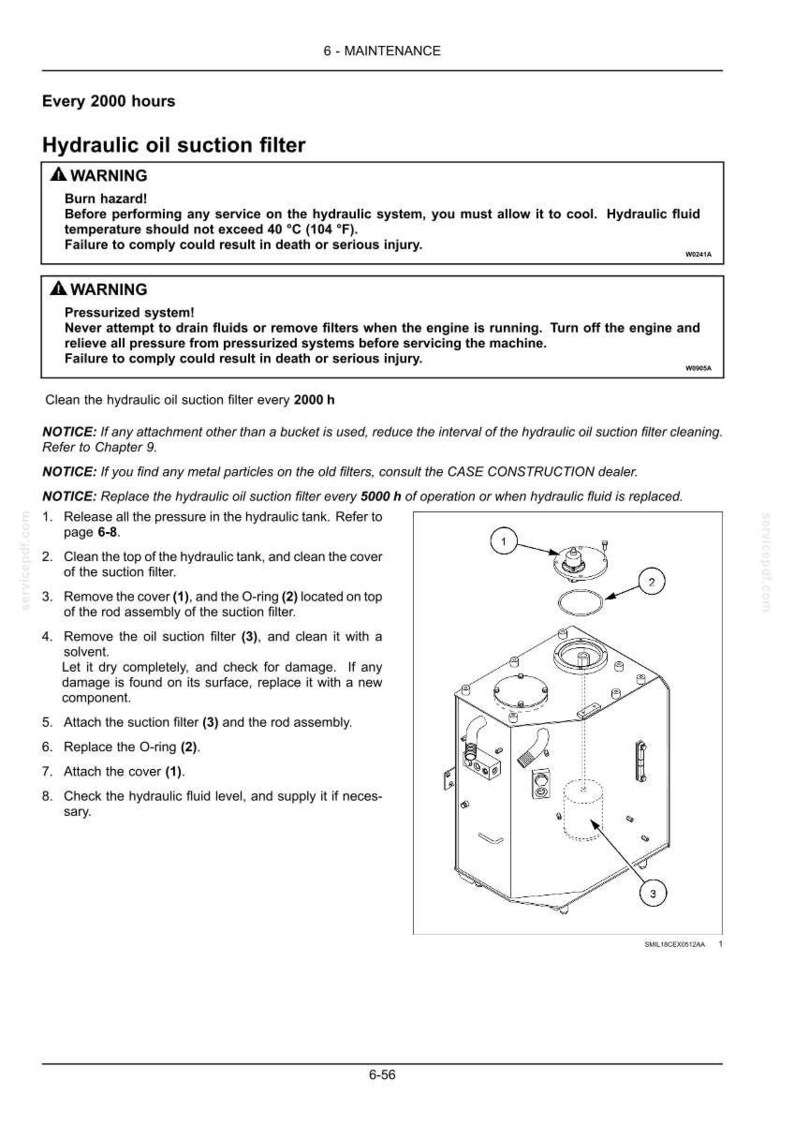 May include: Diagram of a hydraulic oil suction filter with numbered components and maintenance instructions. Includes warnings about burn hazards and pressurized systems. Text indicates filter replacement every 5000 hours.