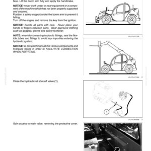 Op de afbeelding: Diagrammen en instructies voor het verwijderen van een hoofdregelklep van een Telehandler. Bevat illustraties van de machine en haar componenten, samen met veiligheidsberichten en stappen voor het proces.