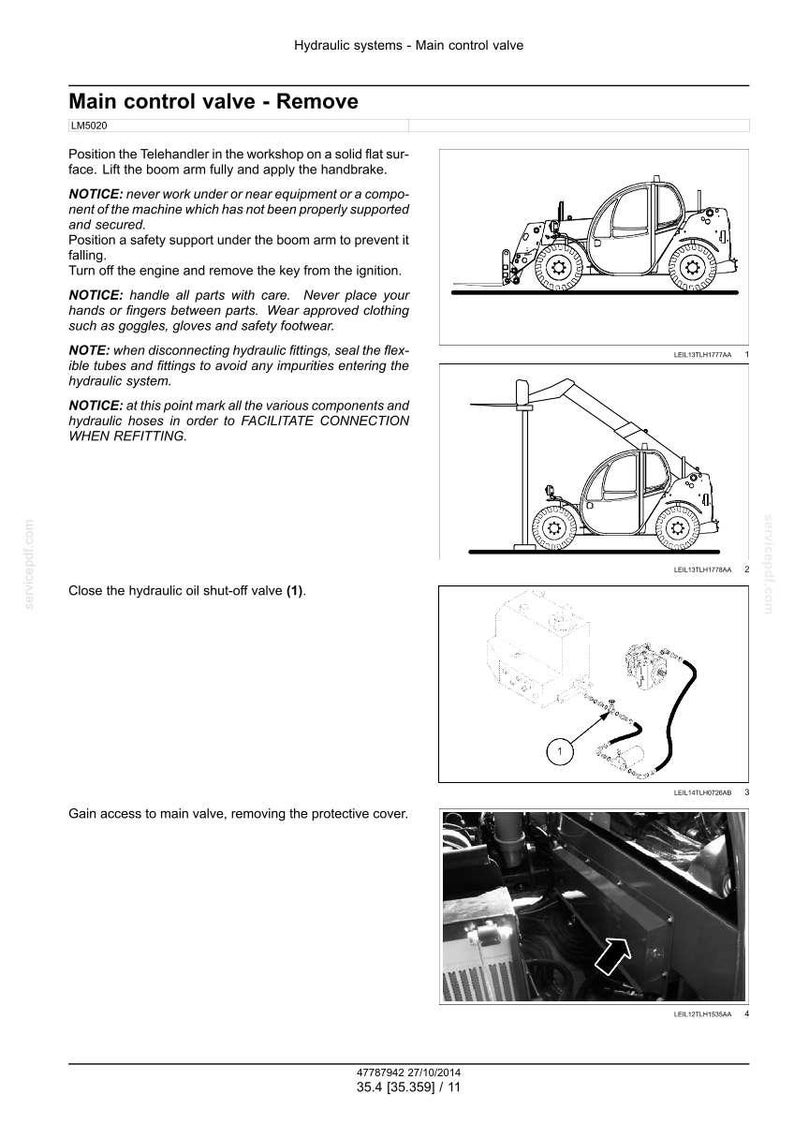 Op de afbeelding: Diagrammen en instructies voor het verwijderen van een hoofdregelklep van een Telehandler. Bevat illustraties van de machine en haar componenten, samen met veiligheidsberichten en stappen voor het proces.