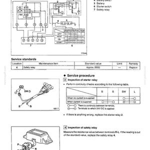 May include: A technical document page titled Engine Starter Circuit 54, featuring a schematic diagram, a service standards table, and inspection procedures for a starter relay and safety relay, including wiring diagrams and terminal labels.