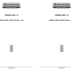 May include: A technical document page titled New Holland Agriculture, Travelling - D, Wheels and Tracks Wheels - 50.C. The text lists model numbers T8010, T8020, T8030, T8040, and T8050. The bottom includes the reference code 87758618 1 12/2007 D.50.C/1.
