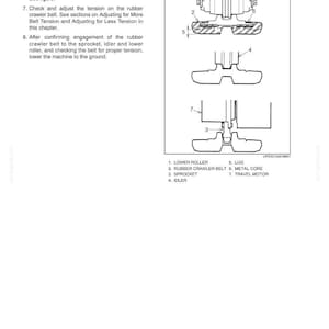 May include: Diagram illustrating the components of a machine's crawler system, such as the lower roller, rubber crawler belt, sprocket, idler, lug, metal core, and travel motor. Text reads "CHAPTER 6 - MAINTENANCE AND ADJUSTMENTS".