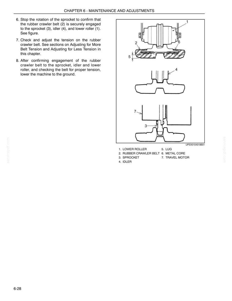 May include: Diagram illustrating the components of a machine's crawler system, such as the lower roller, rubber crawler belt, sprocket, idler, lug, metal core, and travel motor. Text reads "CHAPTER 6 - MAINTENANCE AND ADJUSTMENTS".