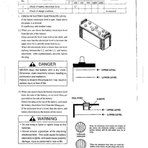 Peut inclure: Une page de manuel technique intitul&eacute;e 8.4 CHECK OF BATTERY, pr&eacute;sentant un sch&eacute;ma de batterie au plomb, des instructions pour v&eacute;rifier les niveaux d'&eacute;lectrolyte et des avertissements de s&eacute;curit&eacute; DANGER et WARNING sur les risques d'incendie.