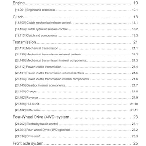May include: A page from a manual titled "Contents" with a list of engine, clutch, transmission, four-wheel drive, and front axle system components. The page includes section numbers and page numbers.