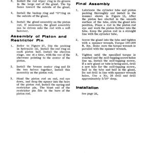 May include: An instruction manual page detailing the assembly of a piston and restrictor pin. The text provides steps for installing rings, glands, and bolts, with torque specifications in ft. lbs. The page also includes instructions for the final assembly.