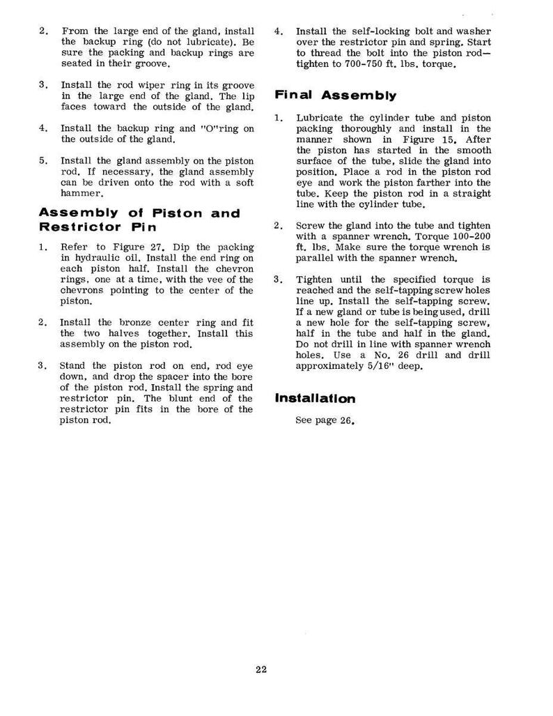 May include: An instruction manual page detailing the assembly of a piston and restrictor pin. The text provides steps for installing rings, glands, and bolts, with torque specifications in ft. lbs. The page also includes instructions for the final assembly.