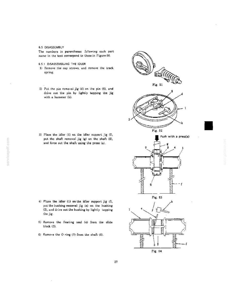 Puede incluir: Una p&aacute;gina de manual t&eacute;cnico titulada 6.5 DISASSEMBLY, que detalla los pasos para desmontar una rueda loca. Incluye diagramas etiquetados como Fig. 51, 52, 53 y 54, que muestran piezas mec&aacute;nicas, pasadores, ejes y herramientas de mantenimiento.