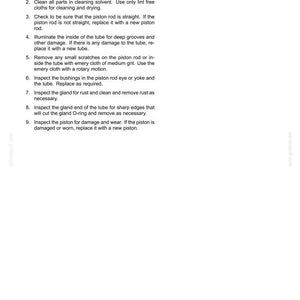 May include: A white document with black text detailing inspection steps for a loader bucket control cylinder. The text includes instructions for cleaning, checking parts, and replacing damaged components. The document is labeled "Hydraulic systems - Front loader bucket hydraulic system."