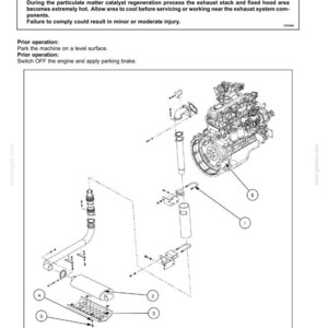 May include: Diagram of an engine with exhaust pipes, labeled with numbers and arrows. The text reads "Exhaust pipes - Remove" and includes a warning about burn hazards. The diagram is a technical illustration.