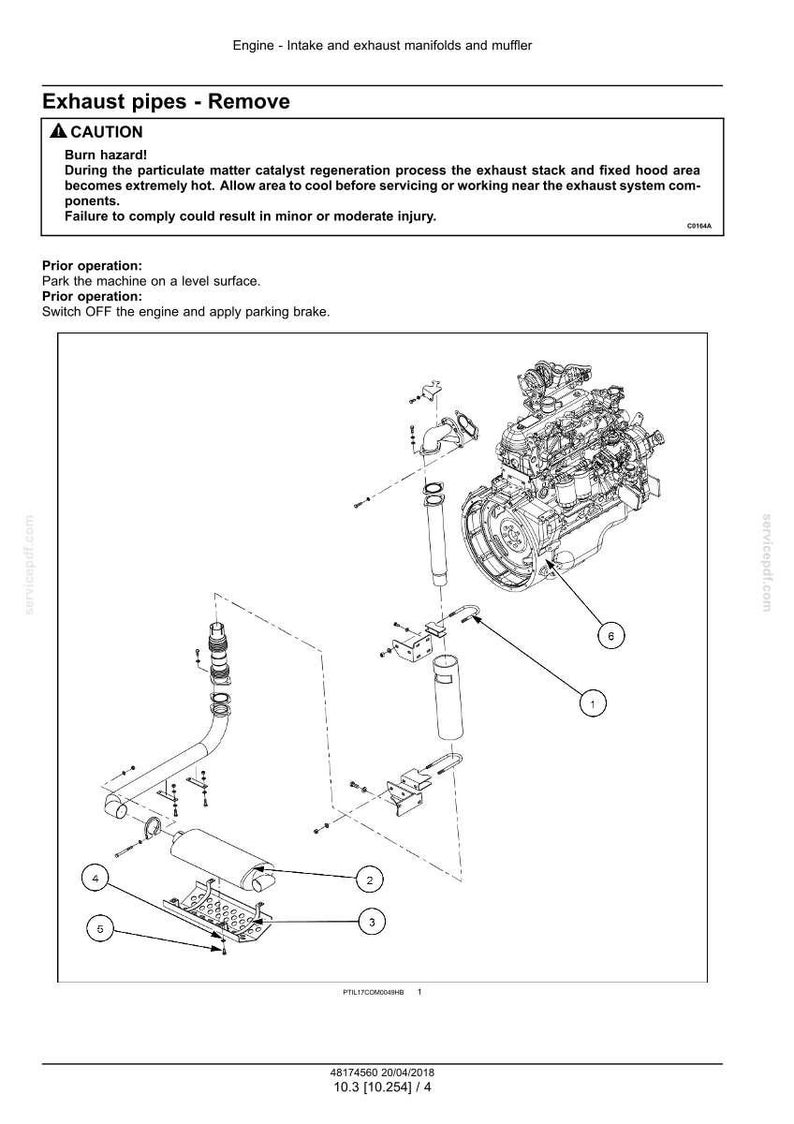 May include: Diagram of an engine with exhaust pipes, labeled with numbers and arrows. The text reads "Exhaust pipes - Remove" and includes a warning about burn hazards. The diagram is a technical illustration.