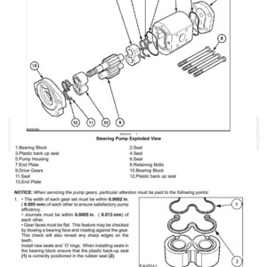 May include: An exploded diagram of an auxiliary hydraulic pump, labeled with numbered components. The image includes a pump housing, drive gears, seals, retaining bolts, and bearing blocks. Text provides instructions for servicing the pump.