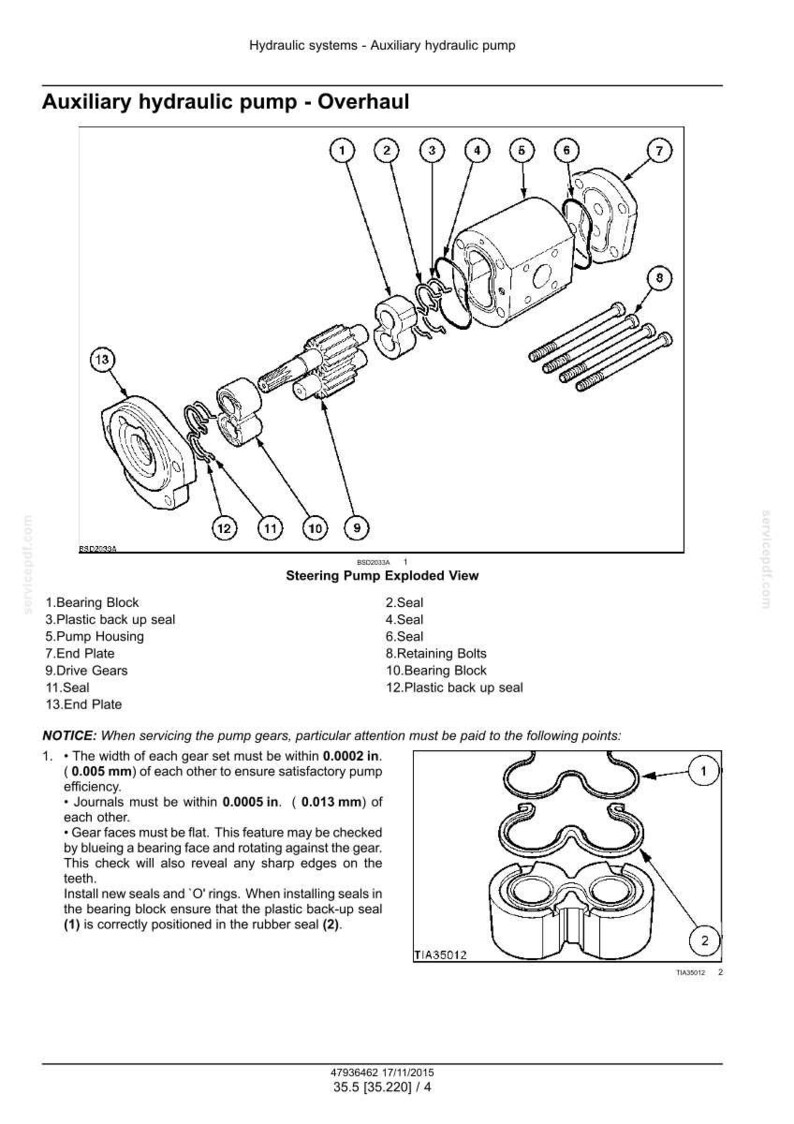 May include: An exploded diagram of an auxiliary hydraulic pump, labeled with numbered components. The image includes a pump housing, drive gears, seals, retaining bolts, and bearing blocks. Text provides instructions for servicing the pump.