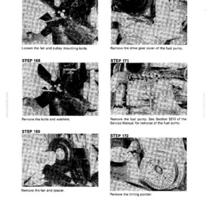 May include: A page from a service manual with six illustrated steps for automotive repair. The steps include loosening bolts, removing parts like the drive gear cover, fan, and timing pointer. Text includes "Loosen the fan and pulley mounting bolts."