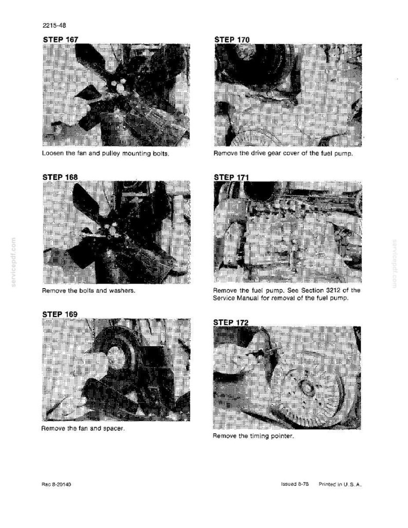 May include: A page from a service manual with six illustrated steps for automotive repair. The steps include loosening bolts, removing parts like the drive gear cover, fan, and timing pointer. Text includes "Loosen the fan and pulley mounting bolts."