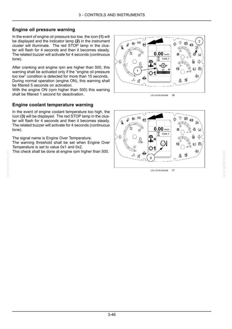 May include: A technical manual page titled 3-CONTROLS AND INSTRUMENTS featuring two diagrams of a vehicle instrument cluster. The text explains the Engine oil pressure warning and Engine coolant temperature warning with numbered icons.