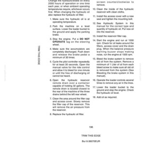 May include: A page from a manual detailing hydraulic/brake oil change procedures. The text includes steps for changing the oil, checking for leaks, and bleeding the brake system. The page has the text "HYDRAULIC/BRAKE OIL CHANGE".