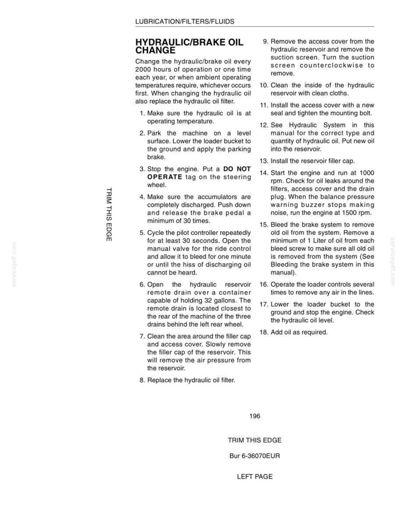 May include: A page from a manual detailing hydraulic/brake oil change procedures. The text includes steps for changing the oil, checking for leaks, and bleeding the brake system. The page has the text "HYDRAULIC/BRAKE OIL CHANGE".
