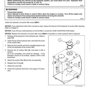 May include: Diagram of a hydraulic oil suction filter with numbered components and warnings about burn hazards and pressurized systems. Includes instructions for cleaning and replacing the filter, with measurements in degrees Fahrenheit.