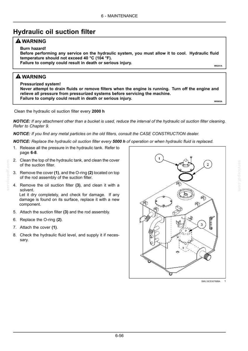 May include: Diagram of a hydraulic oil suction filter with numbered components and warnings about burn hazards and pressurized systems. Includes instructions for cleaning and replacing the filter, with measurements in degrees Fahrenheit.