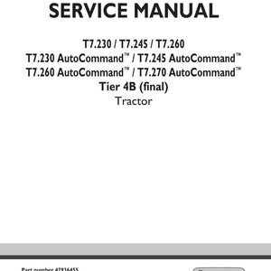 May include: A white service manual cover with black text. The title "SERVICE MANUAL" is at the top. Below are model numbers and "Tractor Tier 4B (final)". The New Holland Agriculture logo is in the bottom right.