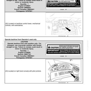 May include: Diagram of a backhoe control panel with safety information. The image includes text warnings about operating the backhoe from the operator's seat only and using the overcenter position for transport. The image also shows the location of the control tower and console.