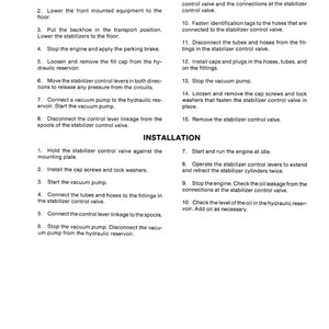 May include: A page from a manual with the title "REMOVAL" and "INSTALLATION". The text describes the steps for removing and installing a stabilizer control valve. The page includes numbered instructions and diagrams.