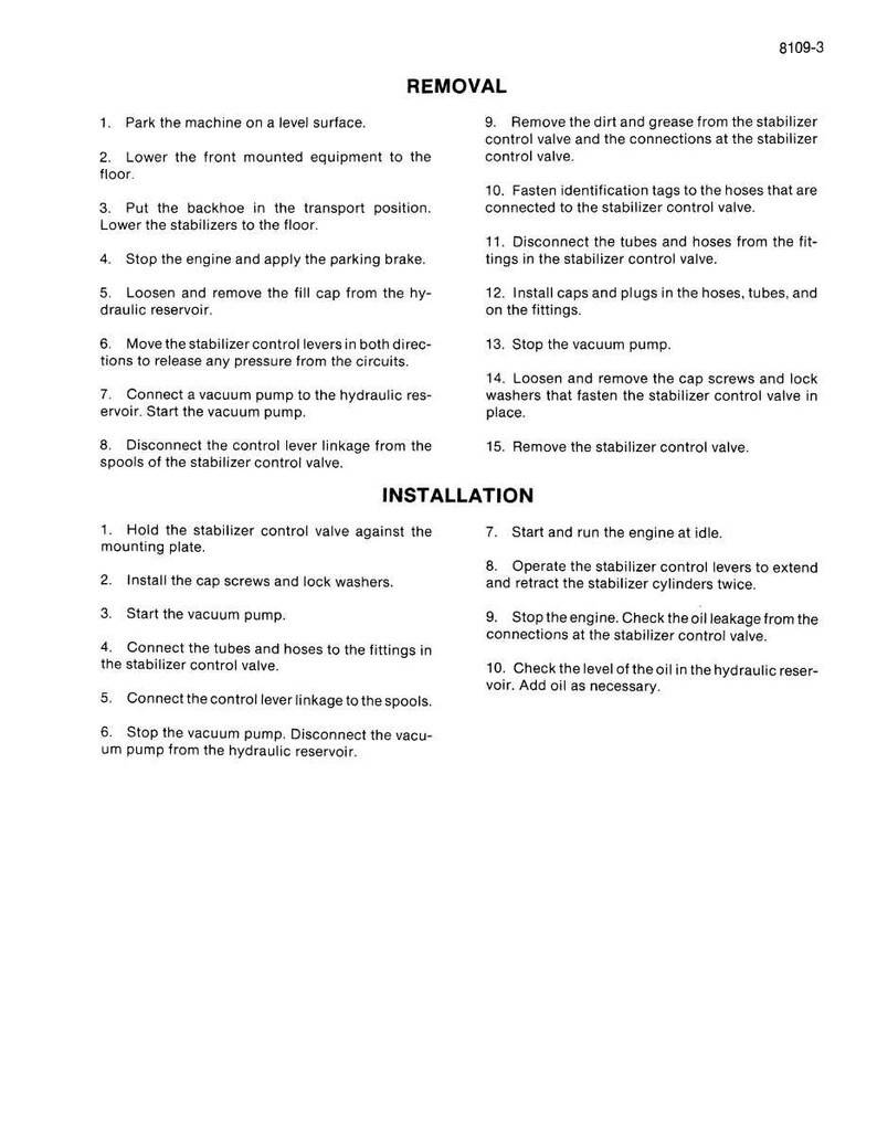 May include: A page from a manual with the title "REMOVAL" and "INSTALLATION". The text describes the steps for removing and installing a stabilizer control valve. The page includes numbered instructions and diagrams.