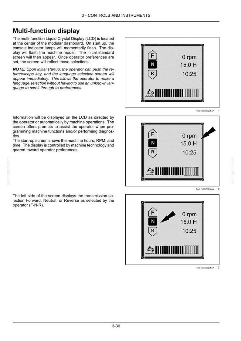 May include: Image of a multi-function LCD display showing machine information. The display shows RPM, hours, and time, with transmission selection indicators. The screen also displays the letters F, N, and R.