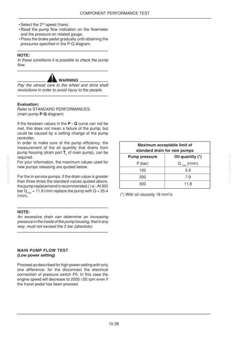 May include: A technical document with instructions for a component performance test. The document includes a table with pump pressure and oil quantity values. Text includes warnings and notes about the testing process.